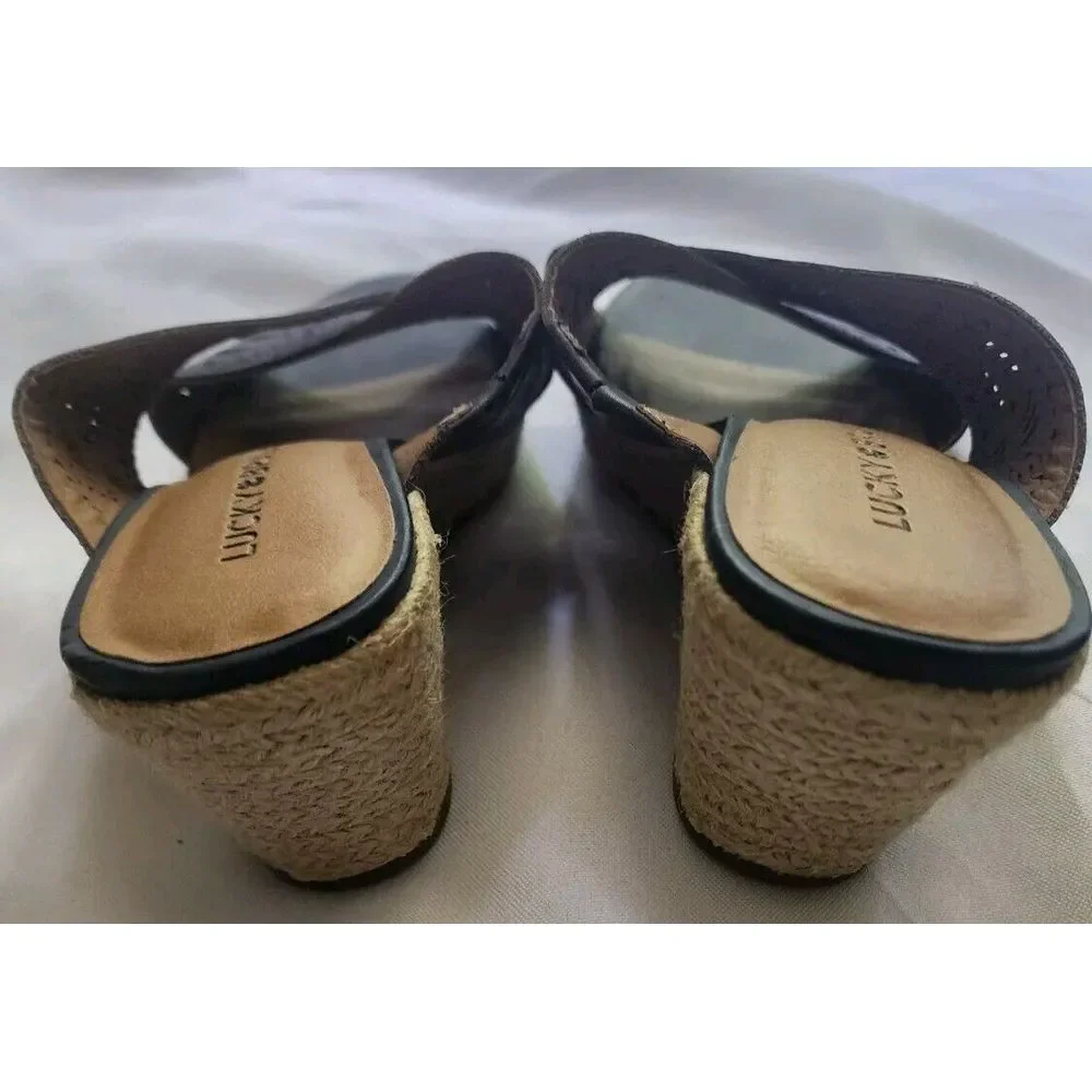 LUCKY BRAND WEDGE SANDALS WOMENS SIZE 6.5 NAVY BLUE TAN KEELA NEW LEATHER - Picture 4 of 6